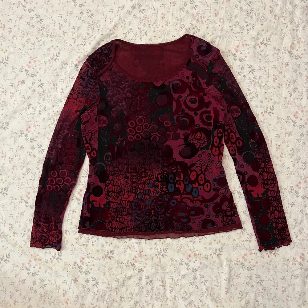 Tribu Y2k Euro Mesh Longsleeve Velvet Burnout Geometric Graphic Print Large